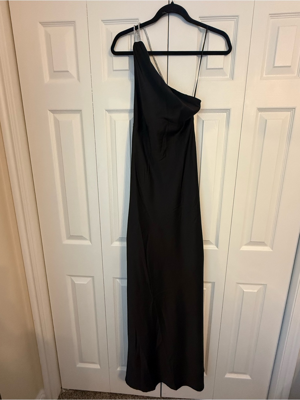 Vici Black Satin Backless Slip Dress with Crystal Chain Straps - Picture 4 of 8